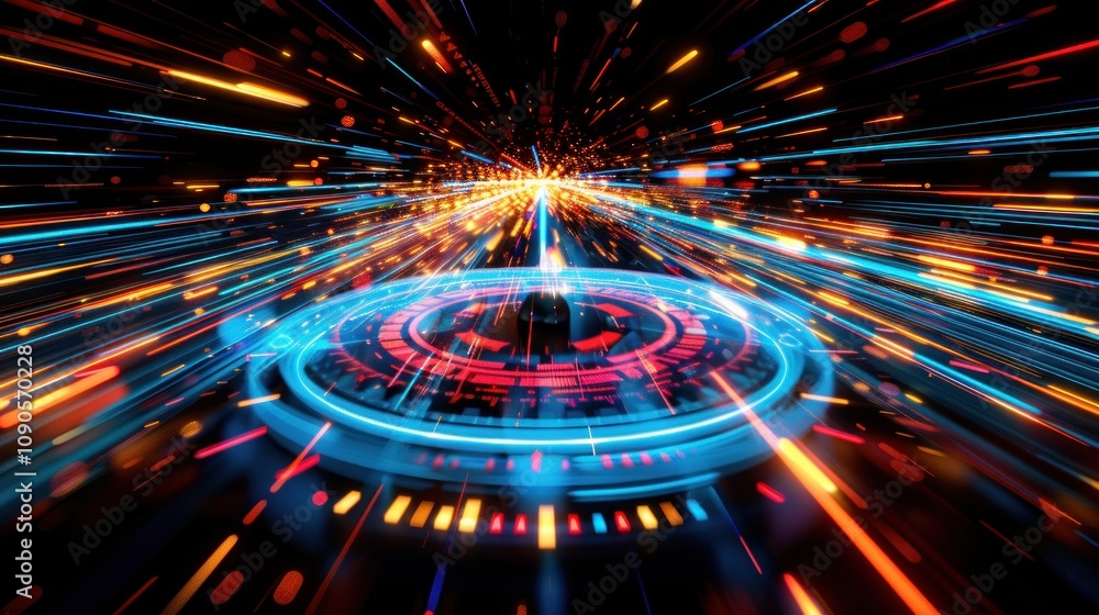 Poster abstract futuristic tunnel with glowing lights and circular portal.