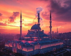 Fototapeta premium A power plant with smokestacks at sunset, releasing white clouds into the atmosphere, set against a fiery sky with an industrial landscape and glowing horizon