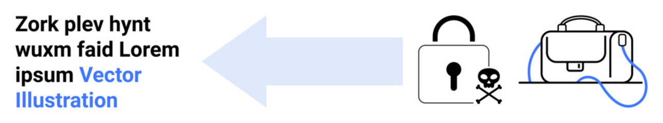 Blue arrow points leftward to padlock, skull, and briefcase, suggesting data security and hacking prevention. Ideal for cybersecurity, data protection, malware prevention, tech security blogs, IT