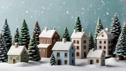 Fototapeta premium Winter. A Christmas card. Beautiful ceramic Scandinavian houses and Christmas trees. Festive mood, Christmas, New Year 2025