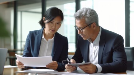 A picture of a work meeting, a discussion of work among colleagues, talking seriously in a conference room, an office. It is a close-up photo of an Asian woman and man.