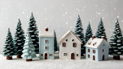 Fototapeta premium Winter. A Christmas card. Beautiful ceramic Scandinavian houses and Christmas trees. Festive mood, Christmas, New Year 2025
