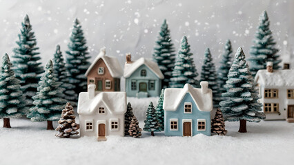 Fototapeta premium Winter. A Christmas card. Beautiful ceramic Scandinavian houses and Christmas trees. Festive mood, Christmas, New Year 2025