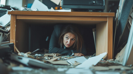 A young businesswoman hides under a table to escape the earthquake, among office debris, expressing anxiety and fear.