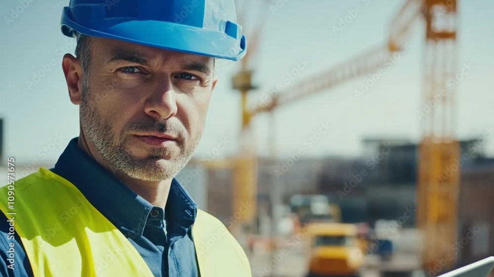 Poster close-up of a construction project manager in a blue hard hat and yellow vest, reviewing project pla