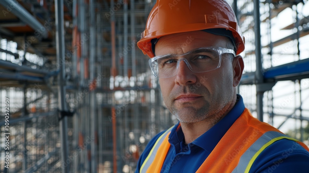 Poster close-up of a construction safety inspector in an orange hard hat and blue safety vest, inspecting s