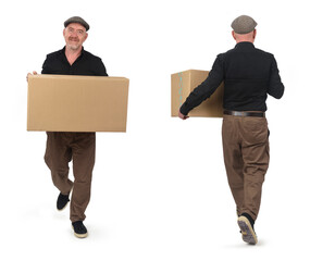 front and back view of a walking man carrying cardboard box on white background