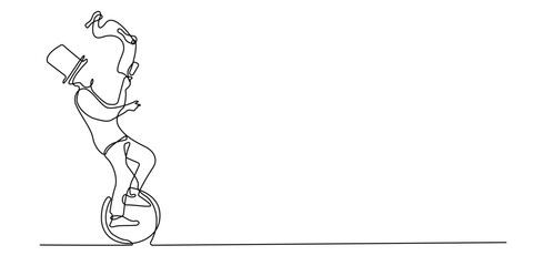 continuous line drawing of circus man with unicycle and juggling pin stick.one line drawing of circus man performing attractions.single line vector illustration of children's holiday concept © vionaembun42