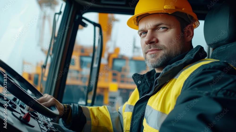 Poster close-up of a construction site crane operator in a yellow hard hat and work jacket, operating crane
