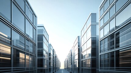 Modern glass buildings create a sleek urban environment with a clear sky above.