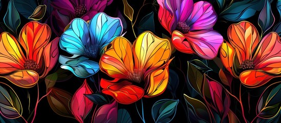 Fototapeta premium Vibrant, colorful flowers blooming in the dark.