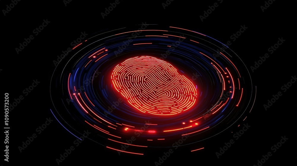 Poster fingerprint in the digital vortex: a glowing red fingerprint is surrounded by swirling digital rings