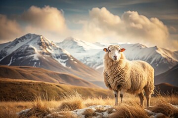 Fototapeta premium Minimalistic Shaggy Sheep in Highland Pasture with Sepia Mountains - Nature Illustration, Pastoral Scene, Scenic Landscape, Shaggy Sheep Art, Highland Aesthetic