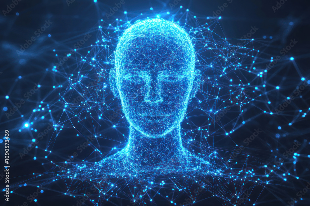 Poster an abstract image of a human head made up of many interconnected glowing dots and lines resembling n