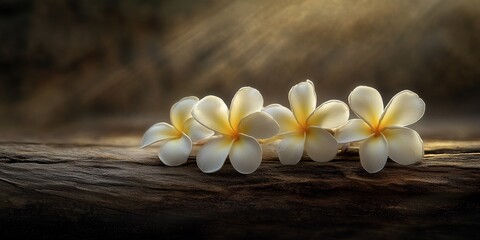 Fototapeta premium Frangipani flowers gently rest on aged wood, illuminated by soft evening tones, creating a serene atmosphere that showcases the beauty of frangipani flowers in a tranquil setting.