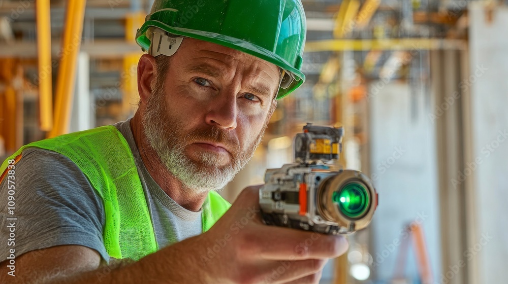 Poster close-up of a construction site supervisor in a green hard hat and reflective vest, using a laser le