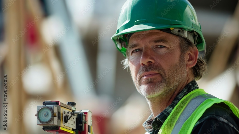 Poster close-up of a construction site supervisor in a green hard hat and reflective vest, using a laser le