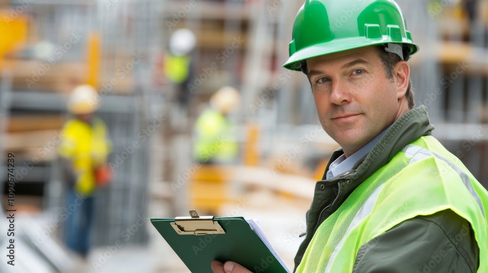 Poster close-up of a construction supervisor in a green hard hat and high-visibility jacket, holding a clip