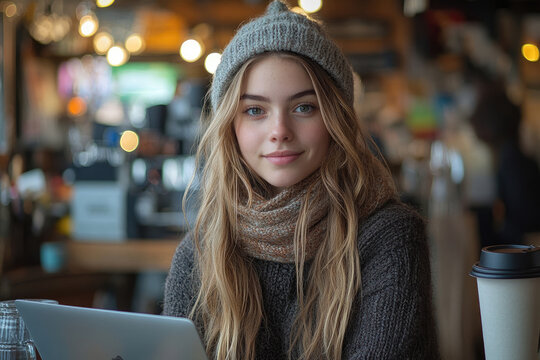 Young Woman Working on Laptop in Coffee Shop