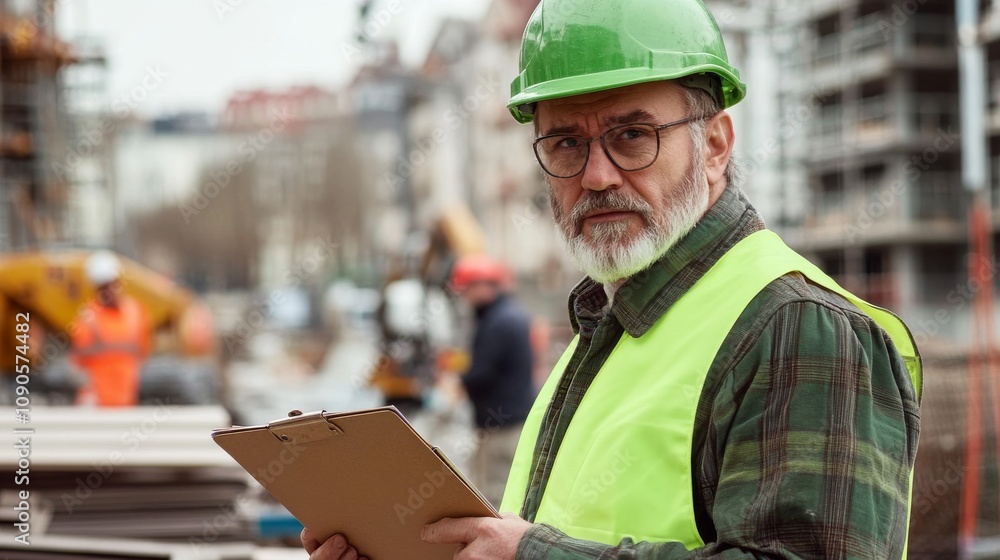 Poster close-up of a construction supervisor in a green hard hat and high-visibility jacket, holding a clip