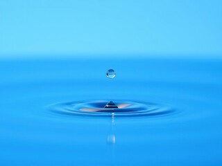 A single water drop suspended in mid-air on a tranquil blue surface, blue hue, reflective