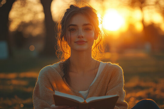 Young Woman Reading a Book in Autumnal Light