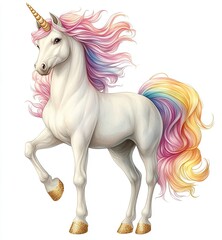 Naklejka premium Magical unicorn with rainbow mane, Illustration of a majestic white unicorn with a vibrant rainbow mane, golden hooves, and a shimmering horn, symbolizing fantasy and magic.