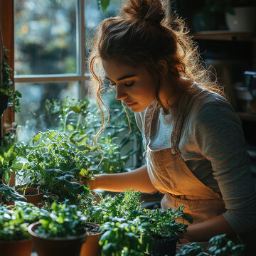 Woman with Plants in Sunlight