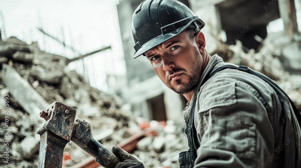 Poster close-up of a construction worker in a black hard hat and gray work uniform, operating a jackhammer 