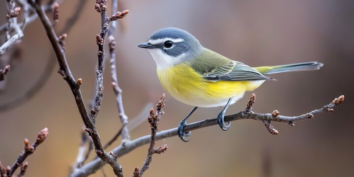 Adult blue headed vireo Vireo solitarius elegantly hops between branches during a chilly, overcast day, showcasing its vibrant plumage and engaging behavior in a serene natural setting.