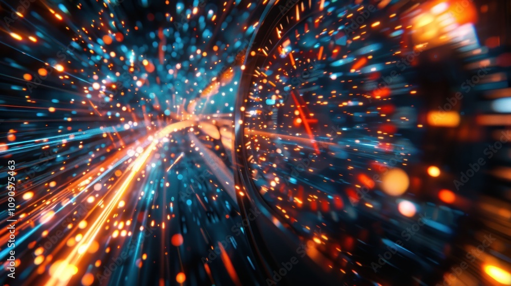 Poster abstract light trails and particles in motion.