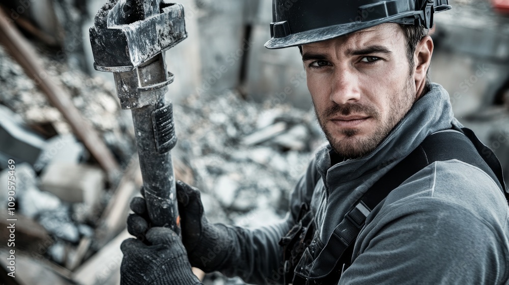 Poster close-up of a construction worker in a black hard hat and gray work uniform, operating a jackhammer 