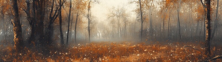 Fototapeta premium A serene autumn landscape with golden leaves and fog creating a mystical atmosphere in the forest.
