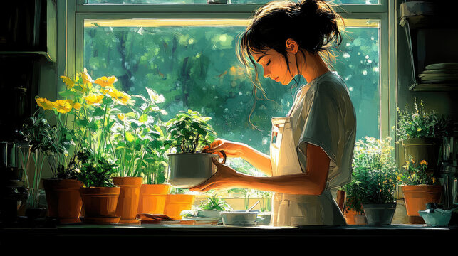 Young Woman Among Flowers at Market