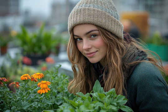 Young Woman Tending to Potted Marigolds on a Rooftop Garden