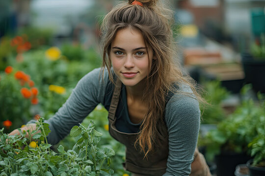 Young Woman Tending to Herbs in a Greenhouse