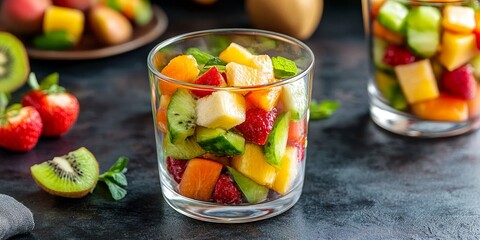 Takeaway fruit salad served in a glass, perfect for enjoying a refreshing fruit salad on the go. This vibrant fruit salad in a glass offers a healthy and convenient option for fruit salad lovers.