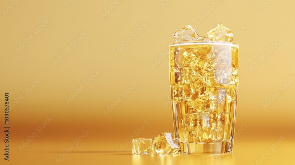 Poster Refreshing Glass of Cold Golden Beverage with Ice Cubes Set Against a Bright Yellow Background for Summer Vibes and Social Gatherings