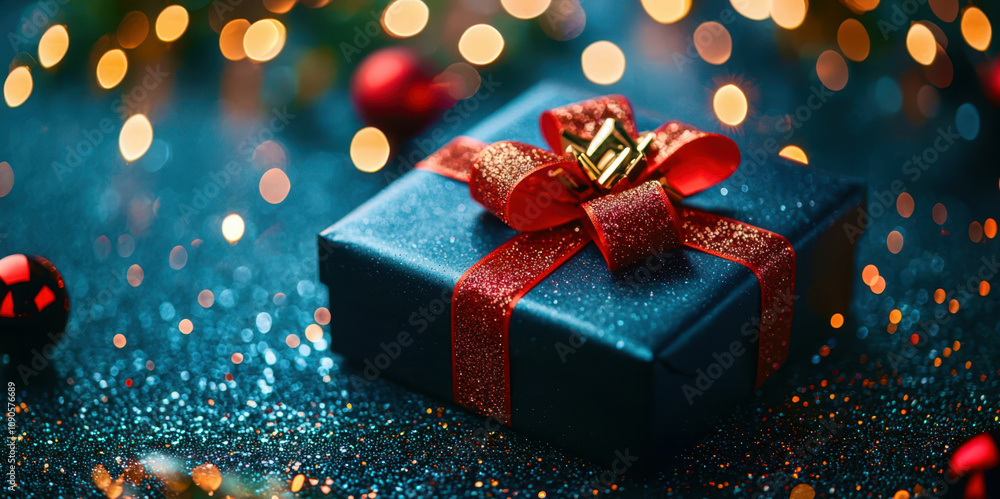 Poster a blue box with a red bow on top of it