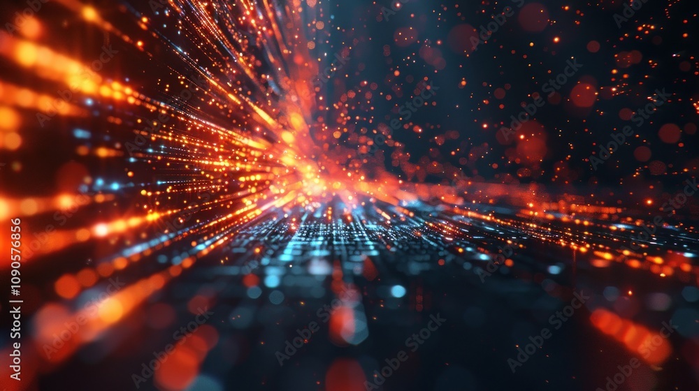 Poster abstract digital data stream, glowing particles, futuristic technology.