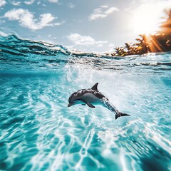 Obraz premium Dolphin leaping from turquoise ocean water, sunlight shining.