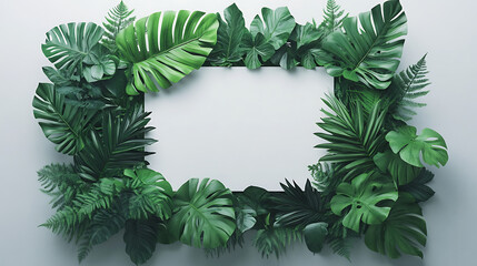 Fototapeta premium frame made out of jungle-like plants, white background, dark atmosphere, minimalism