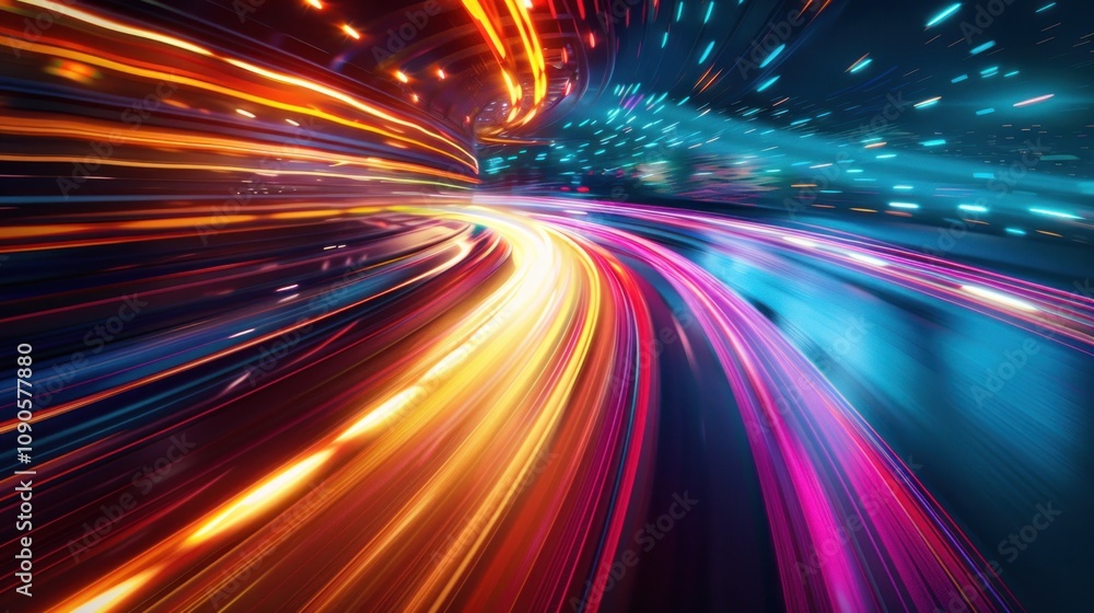 Poster abstract speed light trails on highway curve at night.