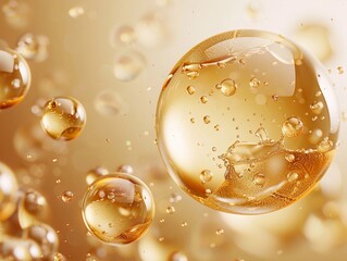 Golden oil bubble with photorealistic details and a glossy finish on background soft gradient of light beige tones