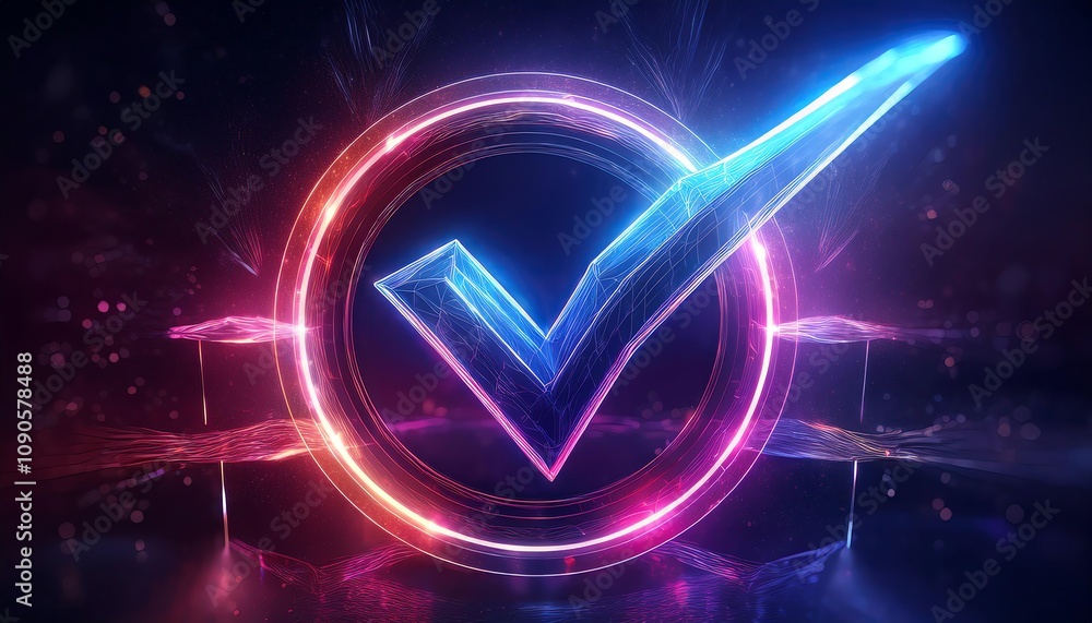 Poster a vibrant, digital check mark glows within a circular frame, featuring colorful neon lights that cre