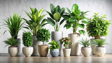 Obraz premium Stylish Potted Plants in Fashionable Arrangement on Transparent Background for Modern Home Decor and Interior Design Inspiration
