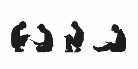 Silhouettes of People Reading: A Minimalist Black and White Illustration