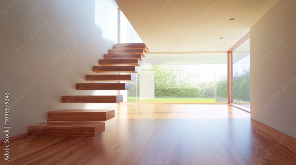Poster modern interior design with open space and wooden stairs leading to a bright garden view through lar