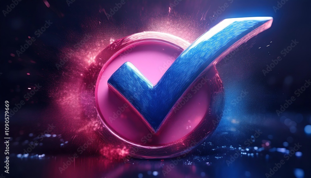 Poster a vibrant, stylized check mark symbol surrounded by glowing particles, representing approval or conf