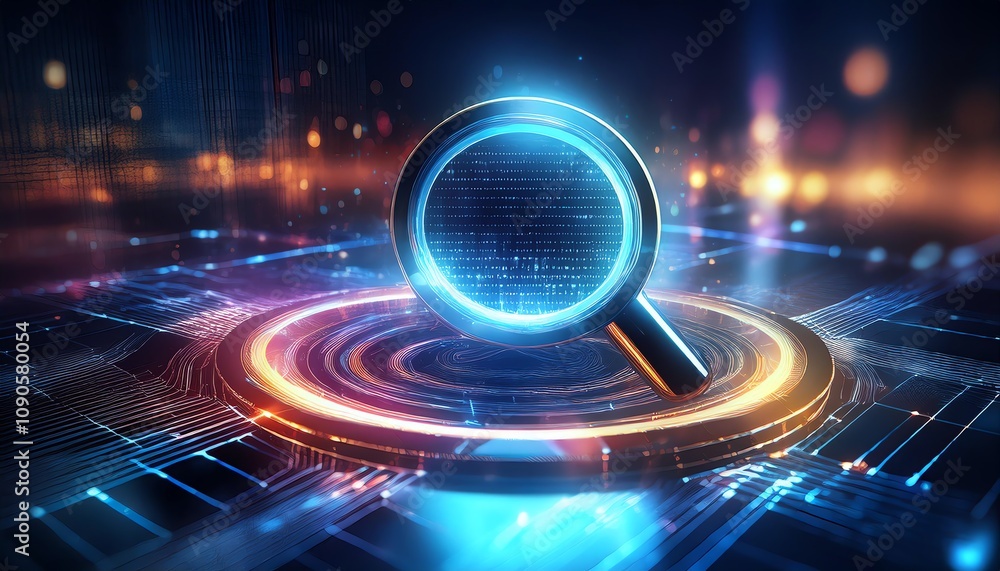 Poster a futuristic magnifying glass over a digital interface, symbolizing search and analysis in a tech-dr